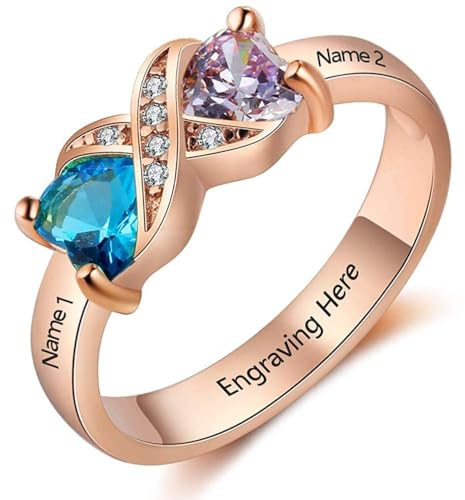 Damenring mit Gravur 925 Sterling Silber Personalisierter Ring mit Edelstein und Name, Herz Cubic Zirkonia, Damenschmuck, Muttertag Weihnachten Geburtstag Geschenk (rose gold, 58(18.5))