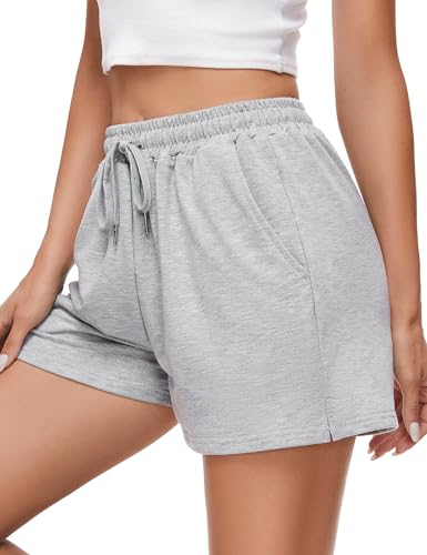 Jezonga Sporthose Damen Kurz Sport Shorts High Waist Sommer Hotpants Lockere Kurze Sport Hosen mit Taschen Trainingshose Laufhose Jogginghose Frauen Grau M