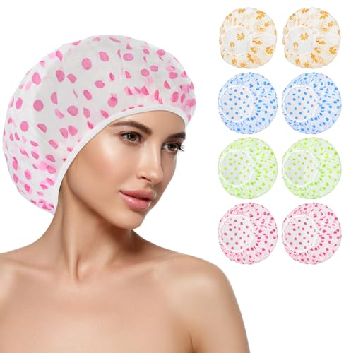 8 Pack Shower Caps Waterproof Shower Caps Elastic Reusable Plastic Shower Cap Large Hair Caps Bathing Caps for Women Lady Spa Salon