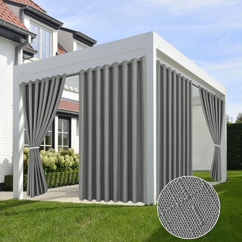 HolidayIdeas 4 Panels Linen Outdoor Curtains for Patio Waterproof Curtains 84 Inch Length-Outside Wide Curtains Weatherproof, Privacy for Pergola, Porch, Gazebo-110 Wide x 84 Long Light Grey