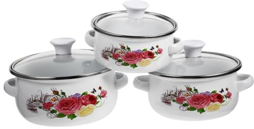Mini Soup Pot Set 3-Piece Enamel Pot Flat Base for Instant Noodles Soup Milk Stew Pot Comfortable Handles