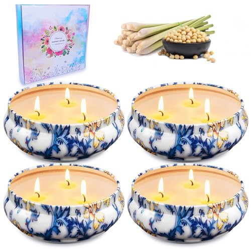 Daover Citronella Kerzen, 4 x 5oz 100% Outdoor Kerzen Natürliche Sojawachs Zitronella Kerze für Garten Camping Terrasse Reisen Picknick Pool Familientreffen Sommergeschenk, 35 Stunden Brenndauer