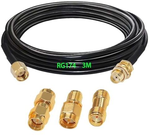 GTIWUNG Wifi Cavo di Prolunga, Antenna Extension Cable SMA 3m 9,84 Piedi, RF Coassiale SMA Maschio a SMA Femmina RG174 3 Metri, SMA Male to Female Connector + 3 Pezzi RF Coax SMA Adapter Kit