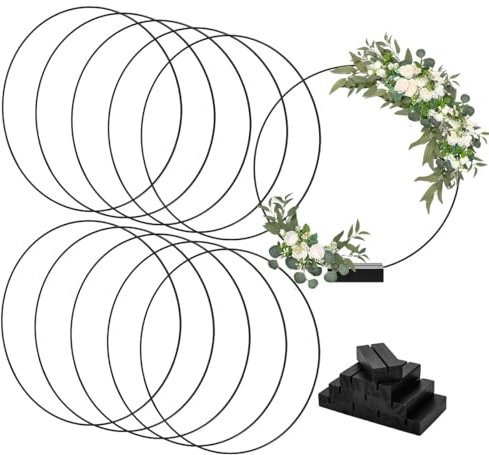 Worown 10 Stück 30 cm Metallringe zum Basteln, Metallring mit Fuß, Schwarz Metallringe mit 10 Stück Holzständern für DIY Hochzeits-Tisch-Dekorationen, Wandhängende Handwerke