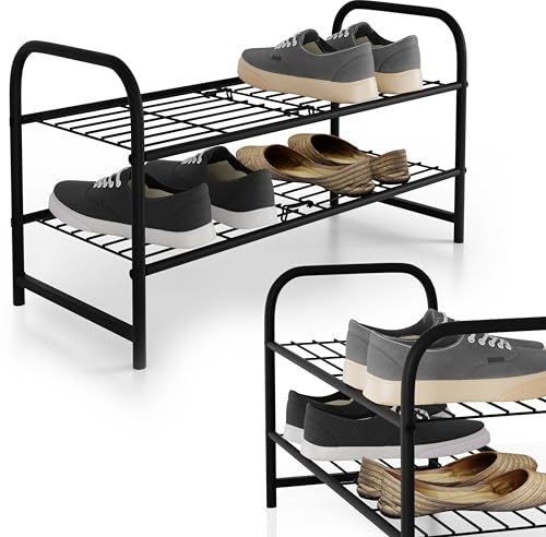 Lenmar, SHM 2, Schuhregal mit 2 Ebenen, Schuhschrank, Schuhaufbewahrung, Schuh-Organizer für 4-6 Paar, Metall, schmal, Ständer, schwarz, Schuhaufbewahrung, Wohnzimmer,