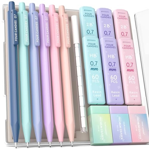 Four Candies Porte-mines 0.7mm, avec mines HB & 2B 0.7, gomme Pastel et recharges gomme, paquet de 16 avec étui, fournitures scolaires esthétiques pour l'écriture, le dessin et le croquis