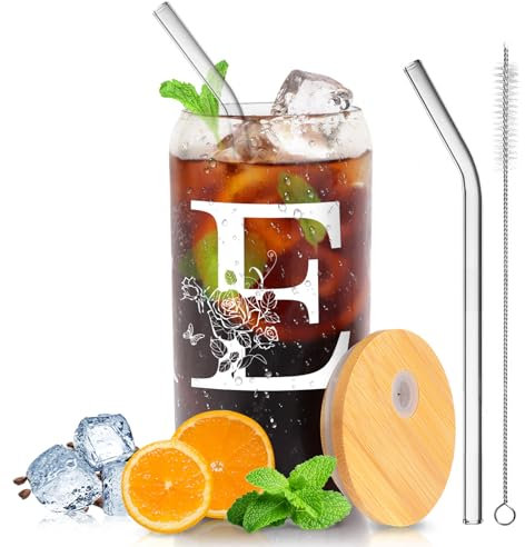 Regalos originales para mujer, regalo mujer, regalos personalizados: Taza de café helado con inicial y tapa, regalo de cumpleaños para novia, madre, hermana, amiga, Navidad, San Valentín (E)