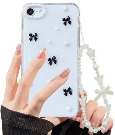 XQAGU Phone Case for iPhone SE/7/8 Clear Glitter Case Cute Bow Knot Aesthetic Girly Phone Case with Phone Charms Chain Bracelet Soft Protective Cover for iPhone SE 4.7''-Black Bow
