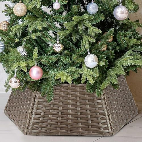 HarcoHome Collare per albero di Natale in vimini, copertura esagonale per base dell'albero di Natale in rattan, anello per albero di Natale realizzato a mano, copertura per albero di Natale in