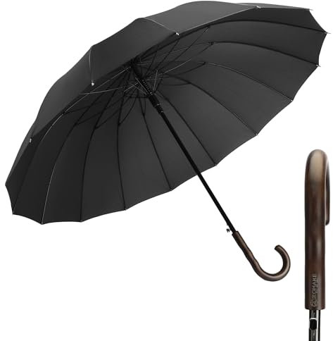 ZOMAKE Regenschirme Groß 55 inch,16 Streben Stockschirme Groß Sturmfest Mit Auf-Zu-Automatik Für Herren Damen,Travel Schirm XXL Stabil Mit Holzgriff Wellengriff(Schwarz-C)