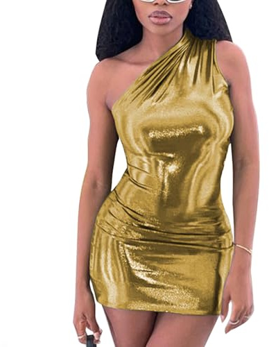 Women’s Metallic Sexy One Shoulder Short Dress Sleeveless Bodycon Club Mini Dresses, Gold, L