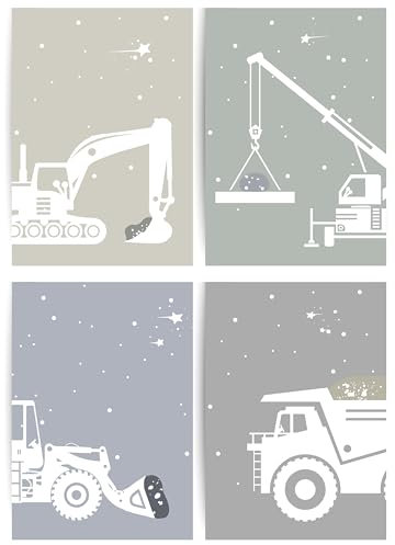 Papierkindᵀᴹ 4er Poster Set - Baufahrzeuge Bagger Kranwagen Kipplaster | Baustellen Bilder für Kinderzimmer | Deko für Kinderzimmer | Wanddeko für Jungenzimmer | DIN A4 ohne Rahmen (A110-1)