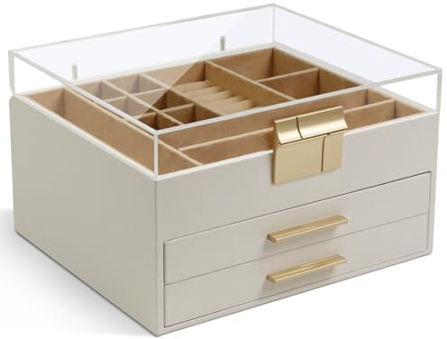KAMIER Schmuckschatulle mit Acryl-Deckel, 3-lagiger Schmuck-Organizer, 2 Schubladen, für großen und kleinen Schmuck, Ohrringe, Ringe, Halsketten, Armbänder – Geschenk für Frauen und Mädchen, Weiß