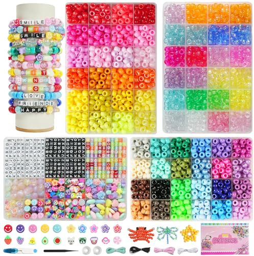 3000 Perlen für Armbänder im Pony Perlen set.Buchstaben Perlen mit Großem Loch und Zubehörteile, 72 Farben. Als Perlen zum Auffädeln, um Freundschaftsarmbänder selber zu machen. Geschenk für Mädchen.