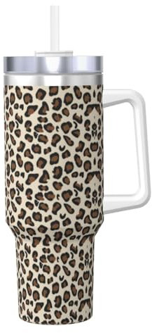 Thermobecher aus Edelstahl mit Leopardenmuster, für heiße und kalte Getränke, 1,2 l, Ice Bully Becher mit Griff und Strohhalm, Reise-Kaffeetasse