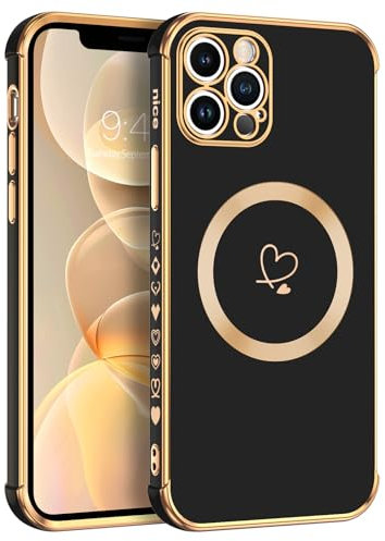Telaso Magnetische Hülle für iPhone 12 Pro Max, Handyhülle für iPhone 12 Pro Max Niedliches Herz Muster [ Kompatibel mit MagSafe ] Weiche Plattierung Abdeckung für Frauen, Schutz der Kamera, Schwarz