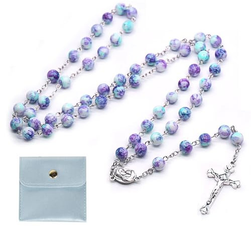 Calkkrer Rosario católico para comunión con cruz retro, bolsa de regalo de terciopelo, elegante cruz para bautizo, boda, fiesta (azul violeta)