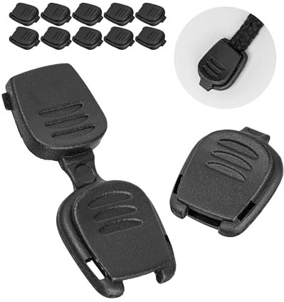Kordel Endkappen, 12 Stück, für bis Ø 5 mm Bänder, Design 2, Schwarz, Kunststoff, Verschlusskappen für Kordelende von Rucksack, Pullover, Jacke, Outdoor Bekleidung, Seilklemme Endstück Kappe Paracord
