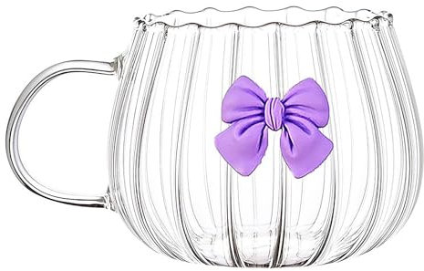 Kuuleyn Glass Pumpkin Cups,Beverage Glass Cup,Cute Bow Single Layer Reusable Coffee Cup,Vertical Stripe Coffee Mug with Handle for Milk Tea Espresso Cappuccino Mocha (Purple)