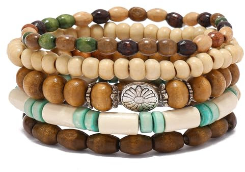 RUICHING Boho Beaded Bracelets, Wooden Bead Bracelet, 5PCS White Multi-layer Bracelet Hippy Accessories Gifts for Women Men