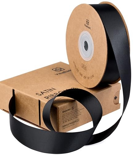 Vitalizart Schwarzes Satinband 2,5cm*22,8m für Geschenkverpackungen, Doppelseitiges Polyester Geschenkband, Dicke Stoffbänder für Bastelarbeiten, Dekorationen, Weihnachtskränze & Haarschleifen