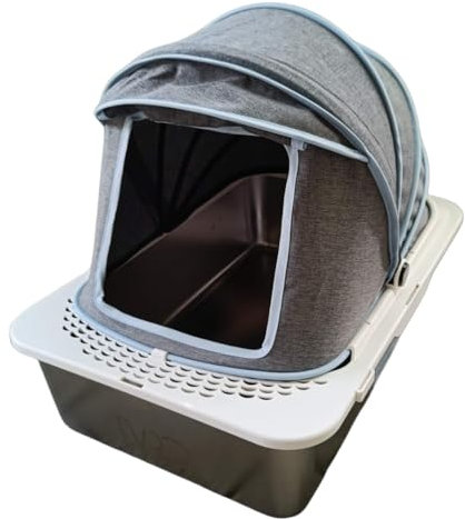 EVRO Katzentoilette Pet Oasis, XXL Katzen- und Hundetoilette aus Edelstahl mit Stoffdach und Schaufel, Auslaufsicher und gegen Verschüttungen geschlossen.