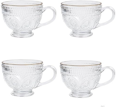FUENYEJIA Lot de 4 tasses à café vintage en verre - 400 ml - En relief - Vintage - Pour le petit-déjeuner - Idéales pour le lait, le café, le cappuccino, le latte, les céréales, le yaourt