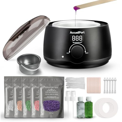 Professional Waxing Kit with Digital Temperature Display, Full Body Hair Removal Wax Warmer with 5 Bags Hard Wax Beads & 20 Applicator Sticks, Painless At-Home Wax Set for Women & Men