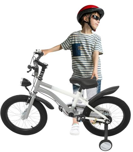 mesterth 16 Zoll Kinderfahrrad, Bremssattel-Scheibenbremse, Mit Stützrädern, Kinderfahrräder, Für Im Alter Von 5-8 Jahren, Um Auf Verschiedenen Straßen Zu Fahren, Mit Einem LED-Frontlicht (Grau)