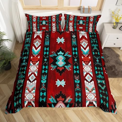Loussiesd Rot Südwesten Bettwäsche Set 135x200cm Geometrisch Bettwäsche Dekor Tribal Exotic Style Native American Indian Design Bettbezug Streifen Linie Bettwäsche-Set