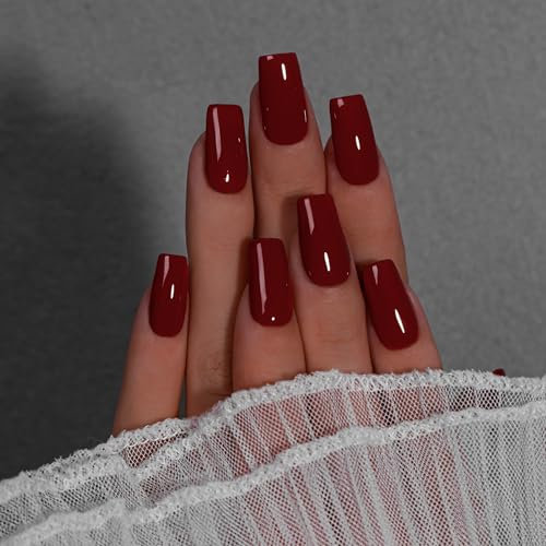 KQueenest Dark Red Press on Nails Long Square, Burgundy Red False Nails with Glue, Glossy Medium Coffin Fake Nails Press ons, Natural Fit, Reusable Soft Gel Stick on Nail for Women 24 Pcs