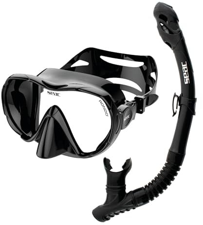 SEAC Set bis Rondò Dry – Set Snorkeling Adulto con Maschera Frameless monolente in Vetro Temperato e Snorkel Dry Top con Valvola di Spurgo, Boccaglio Ergonomico in Silicone, Nero