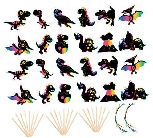 Garneck 4 Sätze Dinosaurier Scratch Papier für Dino Motiven Holzstiften und Bändern für Kreative Bastelstunden Kindergarten und Schule