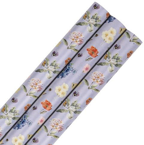 Hallmark 6m Marjolein Bastin Floral Wrapping Paper, 3-Pack, 2m per Roll | Birthdays, Christmas, Anniversaries, Each Roll 70cm X 200cm, Handy Cutting Grid, Purple