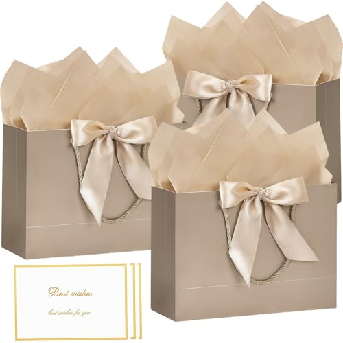 Champagne Gold Gift Bags with Handles, 3 Packs Medium Paper Present Bags, Includes 6 Tissue Paper and 3 Greeting Cards for Kids Adult Men Women's Birthday, Wedding, Valentines, Bridesmaid Party