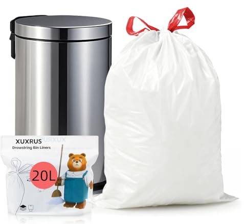 XUXRUS Bin Liners with Drawstring 20 L Bin Bags for 15-20 Litre Bin White Bin Bags Tear-Resistant Pack of 60 Waste Bags for Kitchen Bathroom