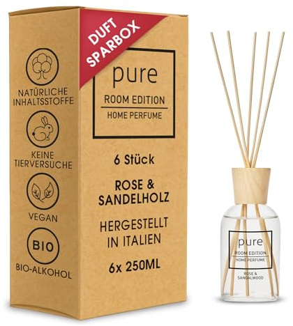 PURE ROOM EDITION SparBox 6x 250ml Raumduft Rose & Sandelholz: natürliche Inhaltsstoffe, vegan & tierversuchsfrei, Bio-Alkohol, Diffuser mit Stäbchen hergestellt in Italien, 1 Karton (1500ml)