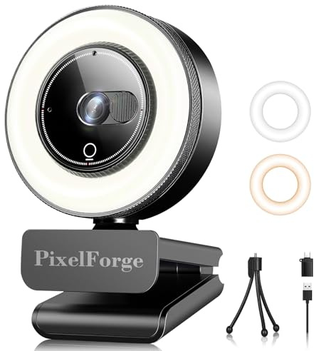 PixelForge 2K Webcam for PC with Microphone & Light & Privacy Cover | Adjustable ring light, autofocus, noise-reducing microphone, USB setup for video calls, meetings, streaming and recording