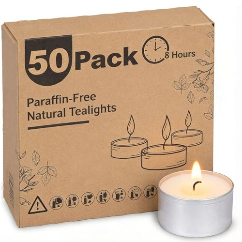 50 Pack 8 Hour Tea Light Candles, Unscented Vegan Wax Tealights | Unscented Tea Lights Long Burning with Cotton Wicks for Weddings, Parties, Restaurants, Spa