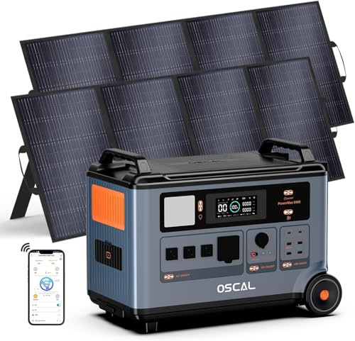 OSCAL PowerMax 6000 Solargenerator 6000W mit 2x400W Solar Panel, Tragbare Powerstation mit Solarpanel, LiFePO4-Akku, Erweiterbar bis 57,6 kWh, Vollladung in 1,96 Std, Mobiler Stromspeicher für Camping