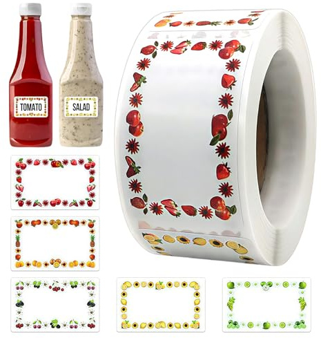 500 Pièces Etiquettes Autocollantes Bocaux, 5 x 3cm Étiquettes à Confiture Stickers, Bocaux Confiture Adhésives avec 5 Motifs Différents, Inscriptibles l'étiquetage pour Pots Bouteilles Cadeau