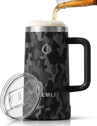 Hemli 24 oz Insulated Beer Mug with Lid - Ceramic Lined Stainless Steel Beer Stein - Triple-Wall Vacuum Insulated, Keeps Beer Ice Cold - Large Capacity, Leakproof Tritan Lid, Silicone Bottom