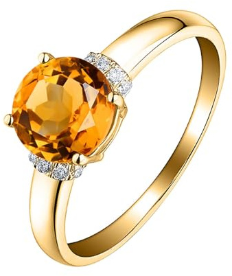 Homxi Hochzeitsringe Damen Ringe 585 Gold, 4 Zinken Rund mit Citrin 1,2 Karat und Diamant, Verlobungsring Gold Frauen, Größe 54 (17.2)