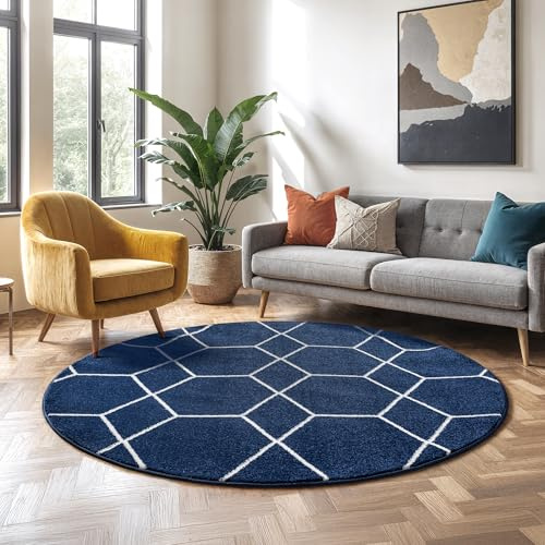 SANAT Wohnzimmerteppich – Pflegeleicht, für jeden Raum geeignet – Öko-Tex zertifizierter Flächenteppich – Trellis Muster, Marine, 150 cm Rund