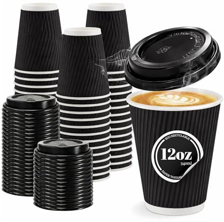CaterCo 12oz Black Ripple Wall Coffee Cups & Lids - 200 Pack Triple Insulated Cups & Lids for Hot Drinks, Tea, Recyclable, Black Paper Cups Cafes, Takeaway, Events - 12oz / 340ml - 200 Pack with Lids