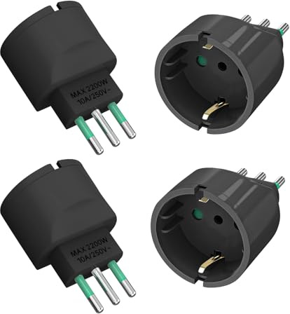 VIEVRE 4 Stücke Reiseadapter Italien, Adapter Italien auf Deutschland Stecker, 3-Polig Reisestecker Typ L für Chile, Uruguay, Äthiopien, Eritrea, Syrien, Schwarz
