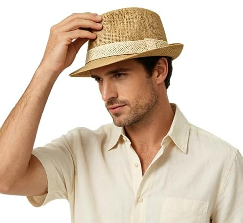 LONTG Chapeau de Paille Homme Chapeau Panama Respirant Chapeau de Soleil Anti-UV Chapeau à Large Bord Été Chapeau Trilby Jazz Chapeau de Cowboy Casquette à Visière pour Jardin Plage Voyage