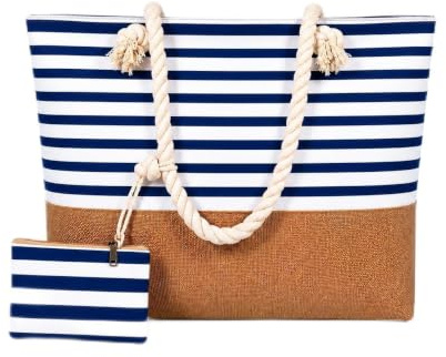 AlfaHome - Bolso playa mujer XL con cremallera y neceser (50x35x15 cm, 22L) | Bolsa playa impermeable. Bolso verano mujer resistente y elegante para playa, piscina o uso diario