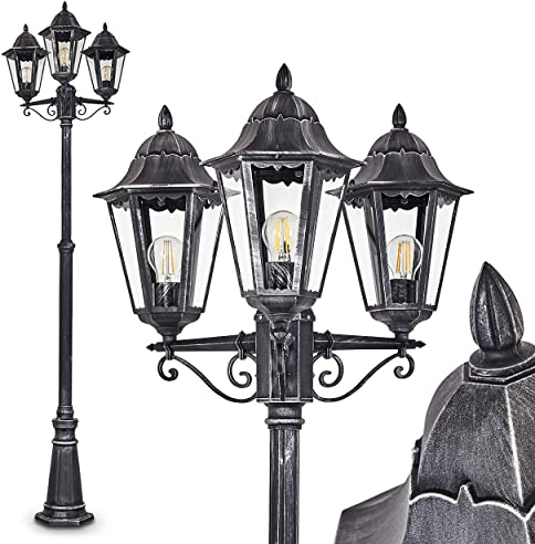 Außenleuchte Lignac, Kandelaber in antikem Look, Aluguß in Schwarz/Silber mit Klarglas-Scheiben, 3-armige Wegeleuchte, max. 245 cm, 3 x E27-Fassung, Retro/Vintage Gartenlampe IP44, ohne Leuchtmittel