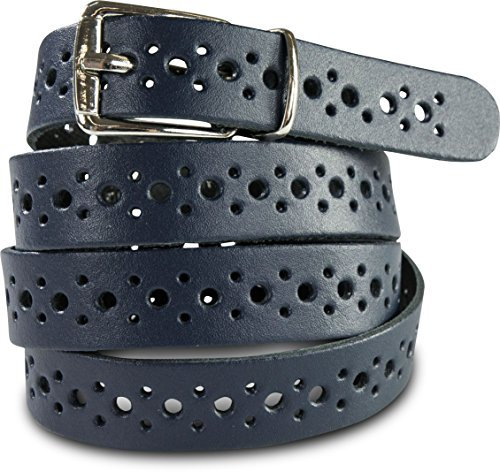 SCAMODA Damengürtel aus Echtleder mit Lochmuster, silberner Gürtelschnalle - Made in Germany (Blau - 105/BW90 - Br. 2cm)